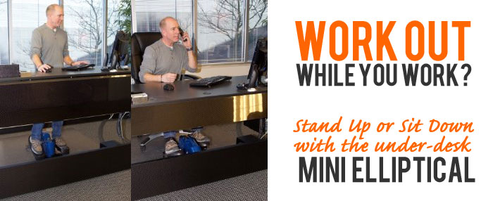 Man Using Under Desk Mini Elliptical While Sitting and Standing at Desk