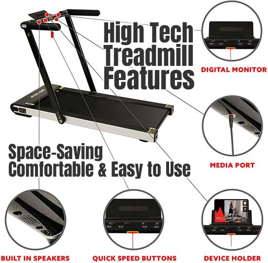 High Tech Treadmill Features: Speakers, Electronic Port, Tablet Holder, Digital Display