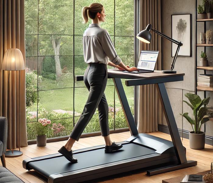 Woman Working at Treadmill Desk by Window