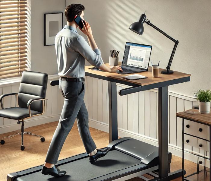Man Talking on Phone and typing on computer while walking on treadmill desk