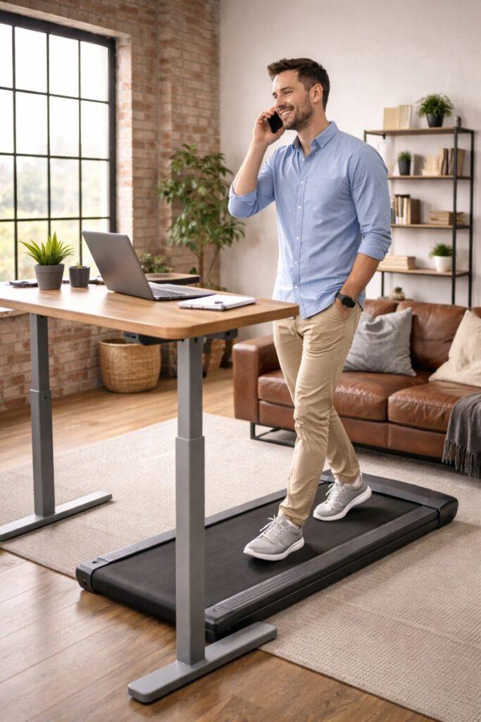 Man Walking Backwards on a Treadmill, Taking a Phone Call