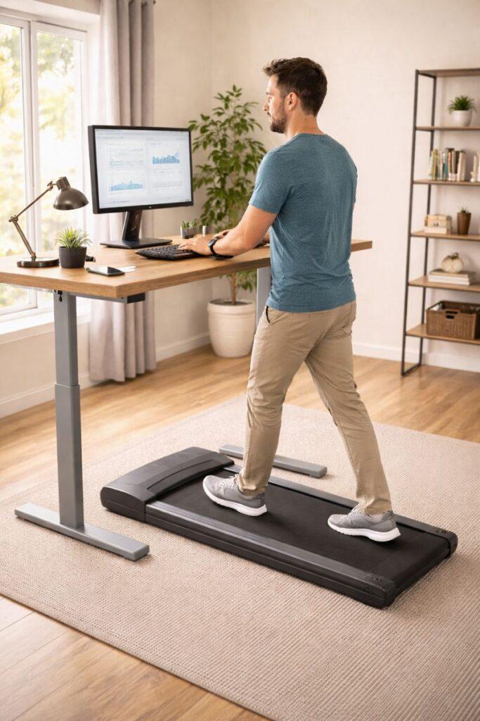 Man typing on a desktop computer while walking on a treadmill desk in his home office